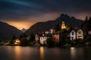 photo wallpaper the sky, mountains, lake, houses, the village, the lake, the village. AI-Generated