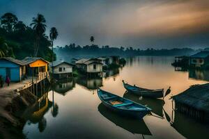 boats are docked in front of houses on the water. AI-Generated photo