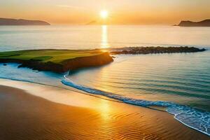 the sun sets over a golf course on a beach. AI-Generated photo
