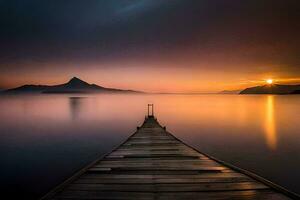 a wooden dock stretches out into the water at sunset. AI-Generated photo