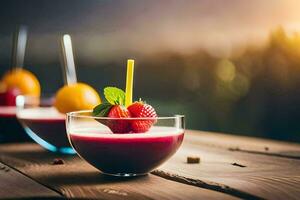 three glasses of fruit juice with straws on a wooden table. AI-Generated photo