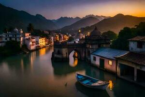 a boat sits on the water in front of a bridge. AI-Generated photo