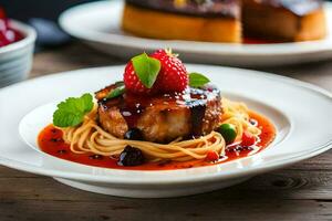 a plate of food with meat and sauce. AI-Generated photo