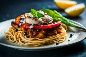 spaghetti with meatballs and tomatoes on a plate. AI-Generated photo