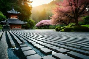 un japonés jardín con un pagoda y Cereza flores generado por ai foto