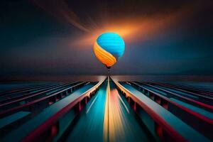 a colorful hot air balloon floats above the water. AI-Generated photo