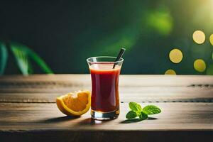 a glass of juice with an orange slice on a wooden table. AI-Generated photo