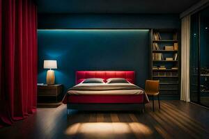 a bedroom with a red bed and blue walls. AI-Generated photo