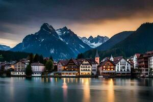 photo wallpaper the sky, mountains, lake, town, house, house, house, house,. AI-Generated