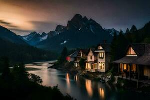 foto fondo de pantalla el cielo, montañas, río, casa, lago, el montañas, el lago,. generado por ai