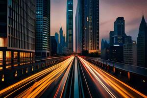 un ciudad a noche con luces en el la carretera. generado por ai foto