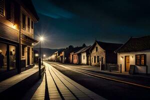 un calle a noche con un calle ligero brillante en él. generado por ai foto