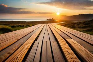 a wooden walkway leads to the beach at sunset. AI-Generated photo