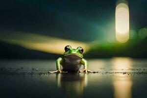 a frog sitting on the ground at night. AI-Generated photo