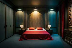 a bedroom with a red bed and blue walls. AI-Generated photo