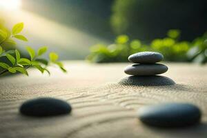 a stack of stones on a sandy beach with green plants. AI-Generated photo