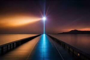 a long pier with a light shining on it. AI-Generated photo
