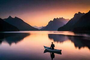 un hombre en un barco en un lago a puesta de sol. generado por ai foto