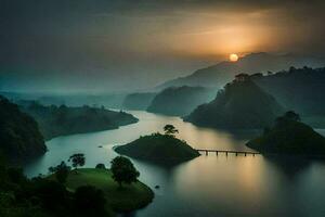 el Dom sube terminado un lago en el montañas. generado por ai foto