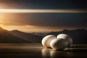 three eggs on a table with mountains in the background. AI-Generated photo