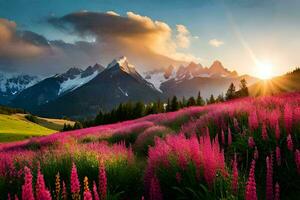 the sun rises over the mountains and flowers in the foreground. AI-Generated photo