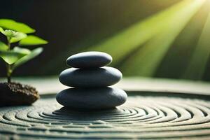 zen stones stacked on a circular table with a small plant. AI-Generated photo