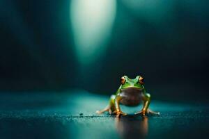 a frog sitting on the floor in front of a dark background. AI-Generated photo