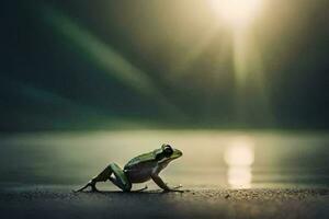 a frog is standing on the beach with the sun shining. AI-Generated photo
