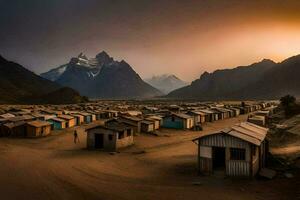 a village of huts in the desert with mountains in the background. AI-Generated photo