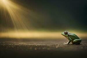 a frog sitting on the ground in front of the sun. AI-Generated photo