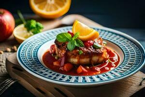 un plato con pescado y vegetales en él. generado por ai foto