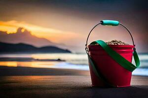 a red bucket on the beach with a sunset in the background. AI-Generated photo