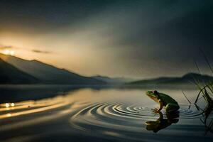 a frog sitting on the edge of a lake at sunset. AI-Generated photo