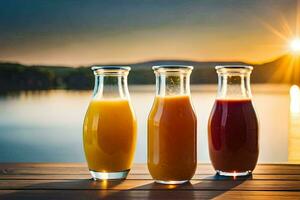 Tres jugo botellas en un de madera mesa con el Dom ajuste detrás a ellos. generado por ai foto