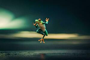 a frog jumping in the air with its legs spread. AI-Generated photo