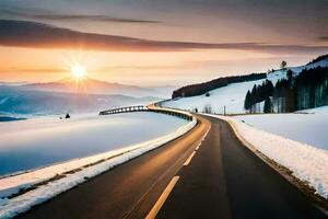 a road in the snow with the sun setting behind it. AI-Generated photo