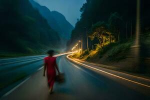 un mujer en rojo es caminando abajo el la carretera a noche. generado por ai foto