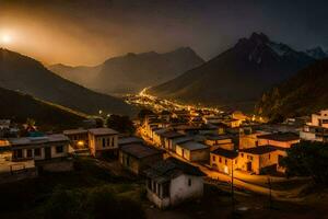 the moon rises over a village in the mountains. AI-Generated photo