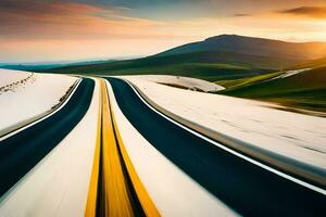 un largo la carretera con un amarillo línea en el medio. generado por ai foto