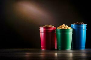 three colorful metal containers with nuts and beans. AI-Generated photo
