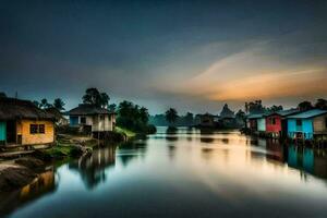 a river in the middle of a village at sunset. AI-Generated photo