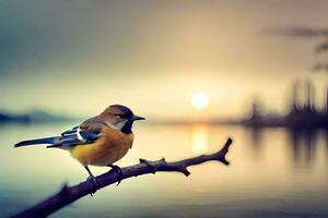 a bird sits on a branch in front of the water. AI-Generated photo