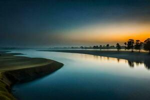 un río a amanecer con arboles y césped. generado por ai foto