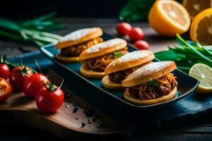 three mini sandwiches with meat and vegetables on a black plate. AI-Generated photo