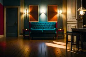 a room with a blue couch and two lamps. AI-Generated photo