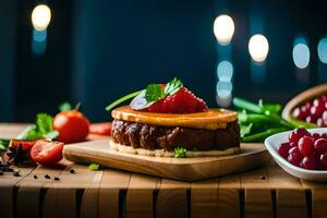 un postre con Fruta y vegetales en un de madera mesa. generado por ai foto