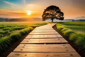 a wooden path leads to a tree in the middle of a field. AI-Generated photo