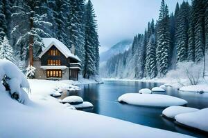 a cabin sits on the side of a river in the snow. AI-Generated photo