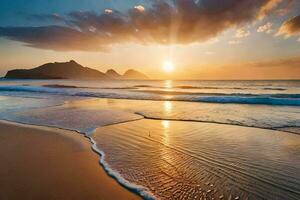 the sun is setting over the ocean and the waves are washing over the sand. AI-Generated photo