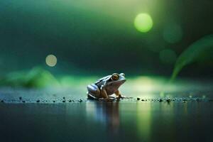 a frog sitting on the ground in the dark. AI-Generated photo